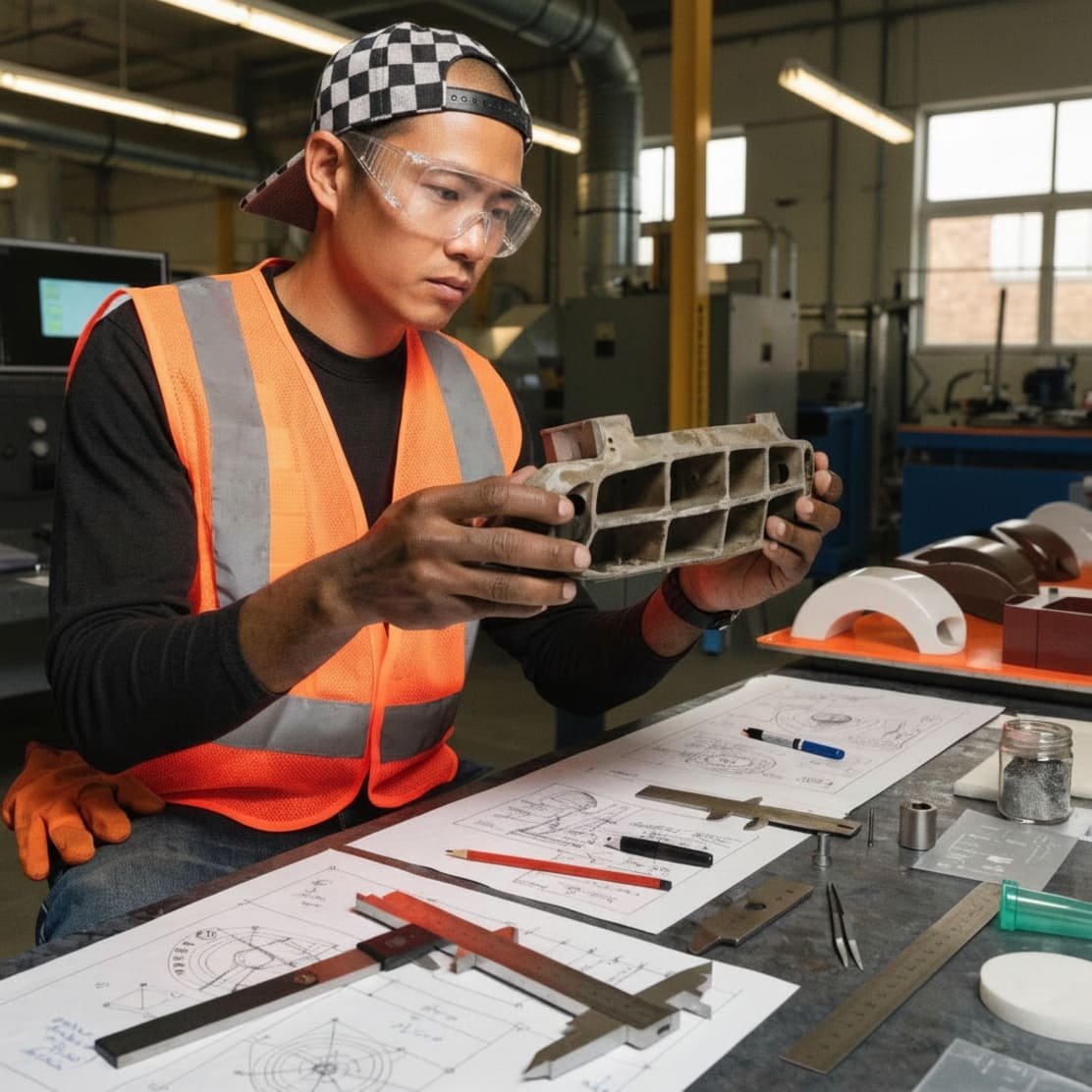 Custom Plastic Part Analysis an engineer examining a plastic vintage car part
